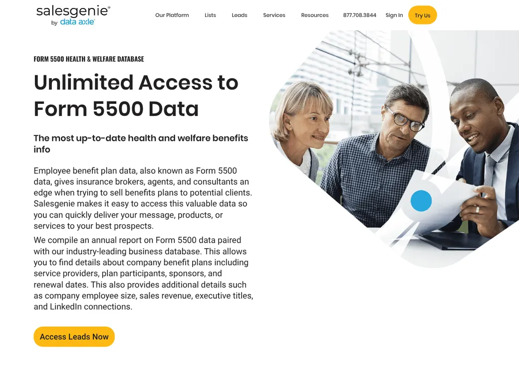 Screenshot of Salesgenie's product page at salesgenie.com