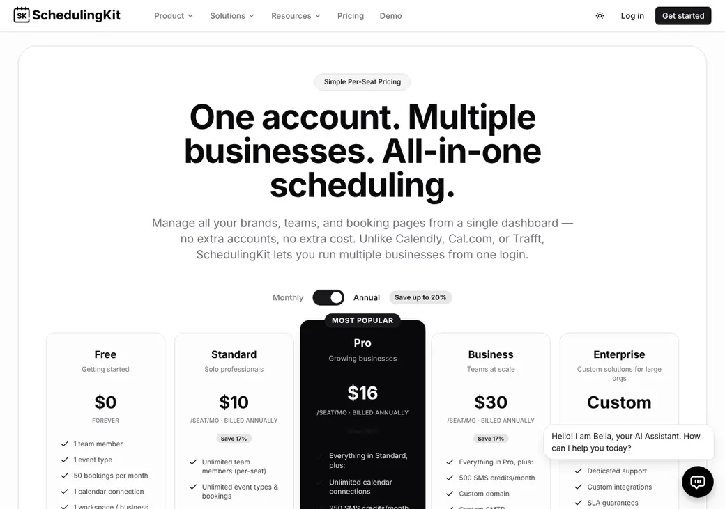 Screenshot of SchedulingKit's pricing page at schedulingkit.com