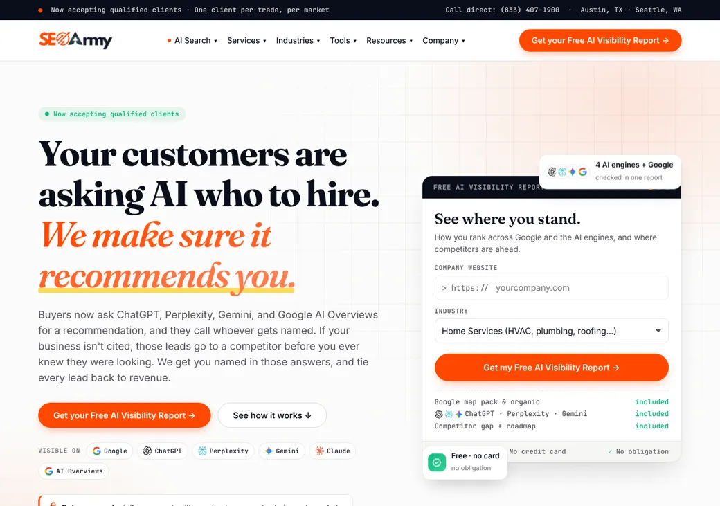 Screenshot of SEOArmy's home page at seoarmy.co