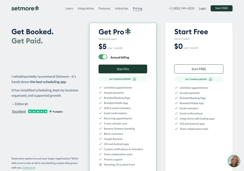 Screenshot of Setmore's pricing page at setmore.com
