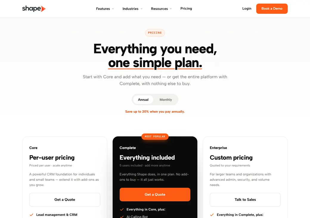 Screenshot of Shape's pricing page at setshape.com