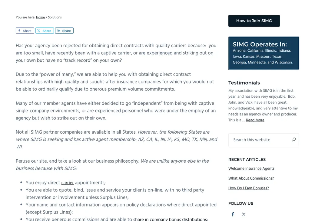Screenshot of SIMG's product page at simginsurance.com
