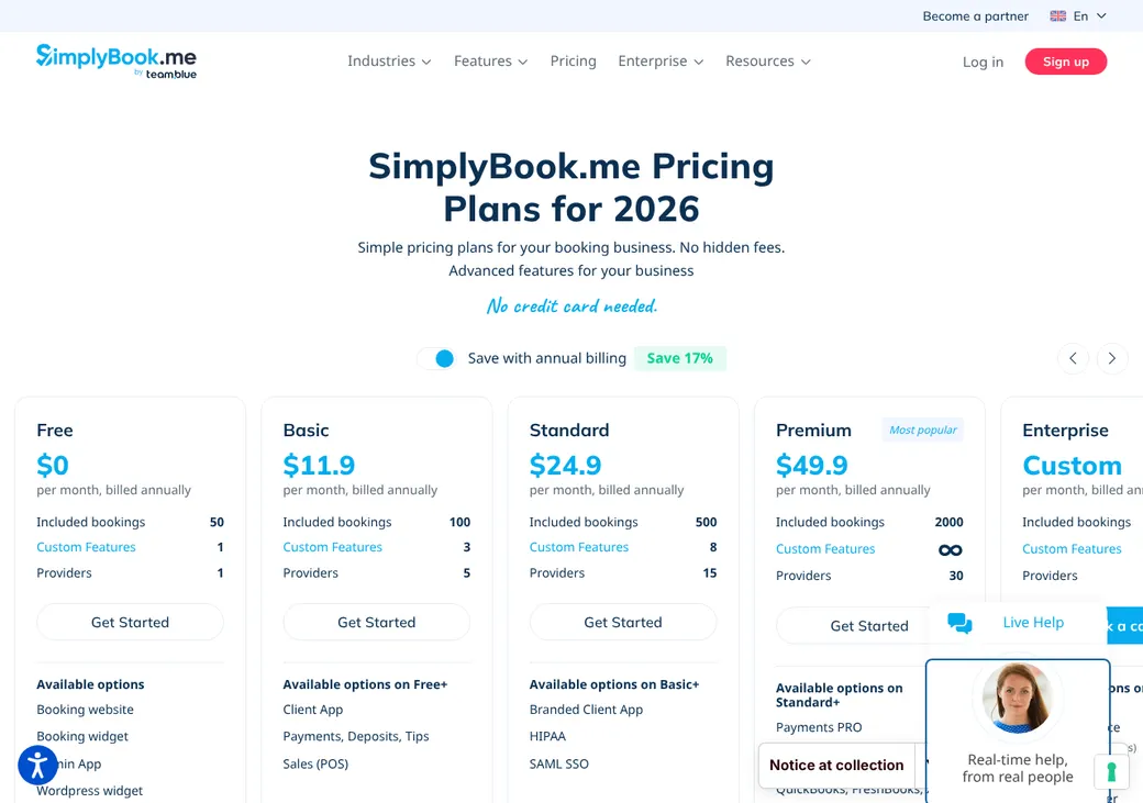 Screenshot of SimplyBook.me's pricing page at simplybook.me