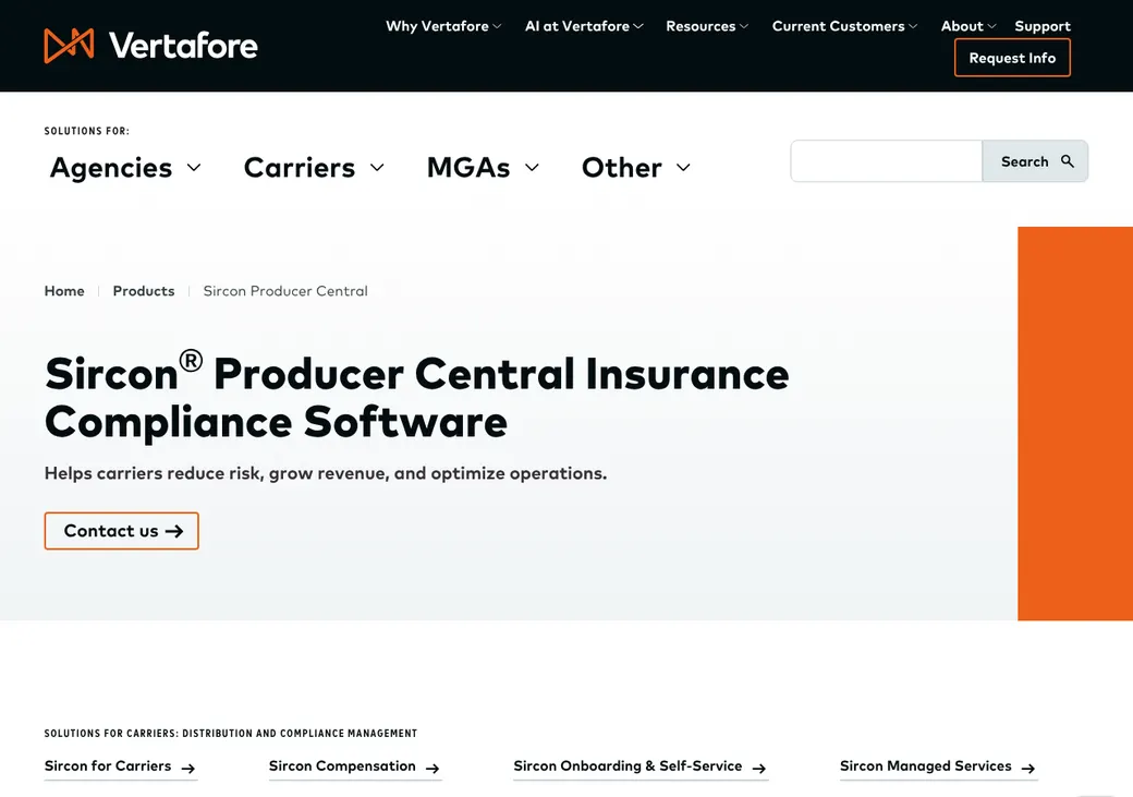 Screenshot of Sircon Producer Central's product page at vertafore.com