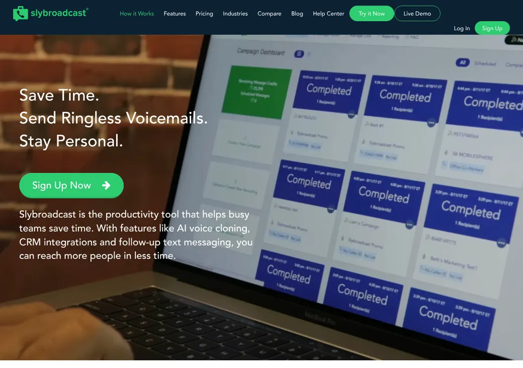 Screenshot of Slybroadcast's home page at slybroadcast.com