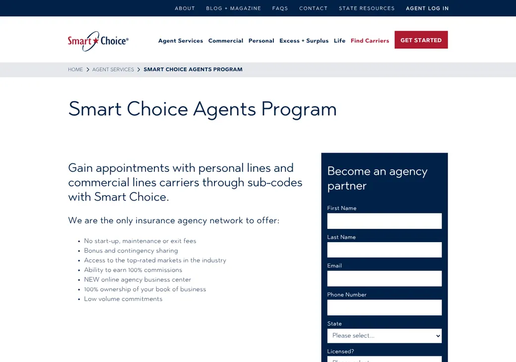 Screenshot of Smart Choice's product page at smartchoiceagents.com
