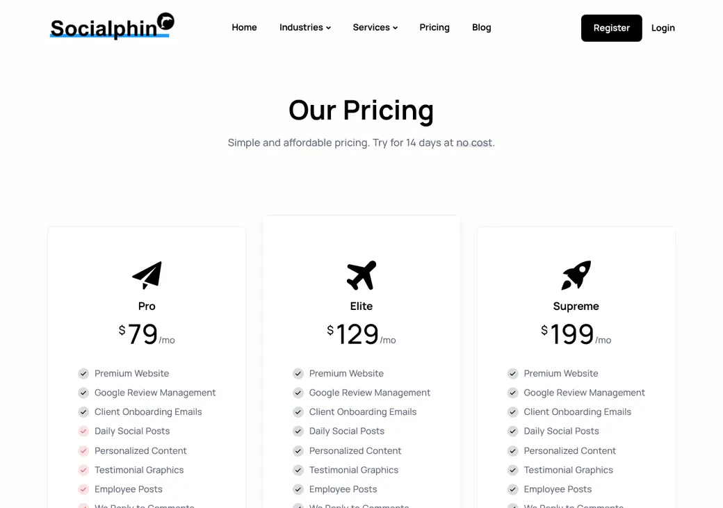 Screenshot of Socialphin's pricing page at socialphin.com