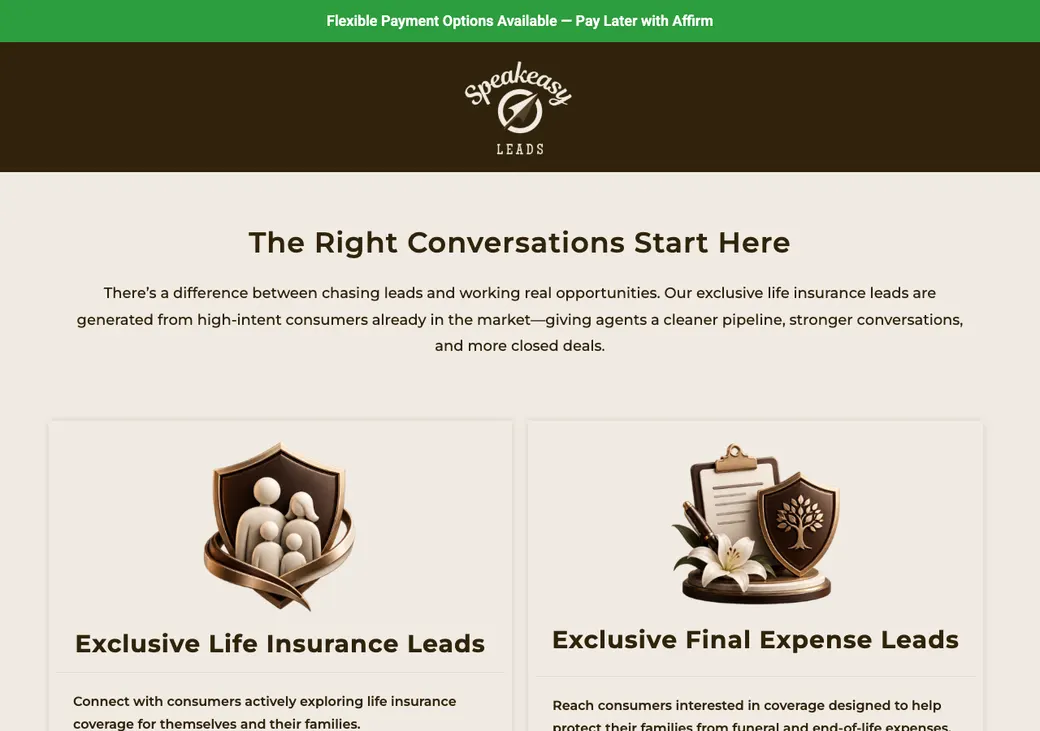 Screenshot of Speakeasy Leads' home page at speakeasyleads.com
