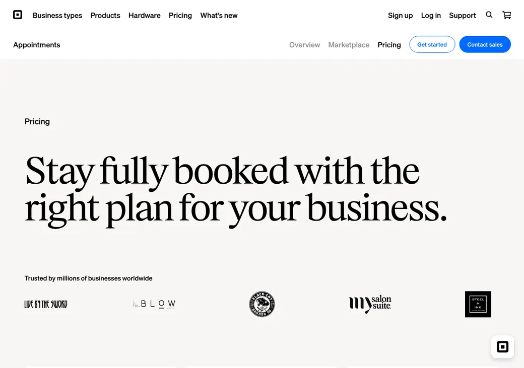 Screenshot of Square Appointments' pricing page at squareup.com