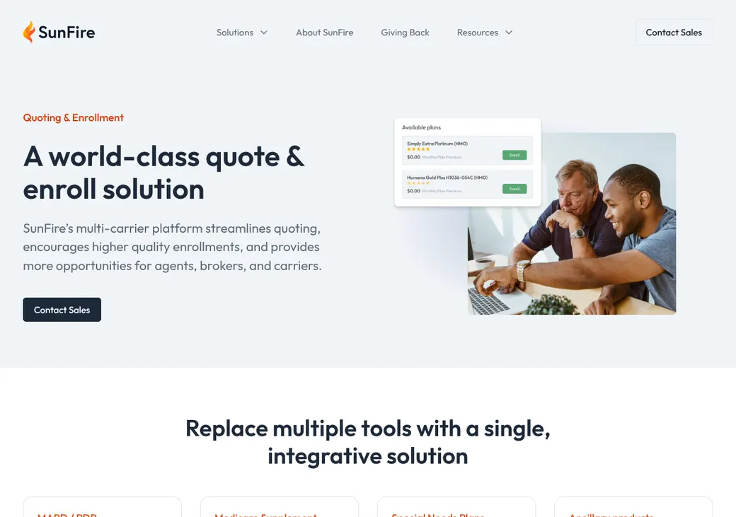 Screenshot of SunFire's product page at sunfireinc.com