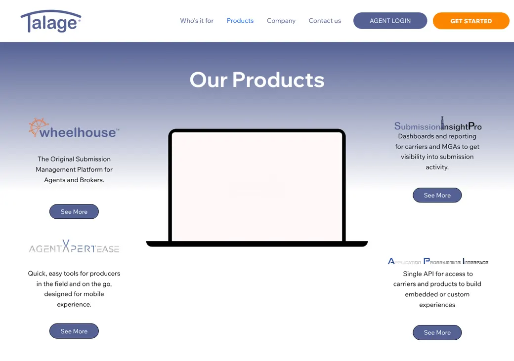 Screenshot of Talage Wheelhouse's product page at talageins.com