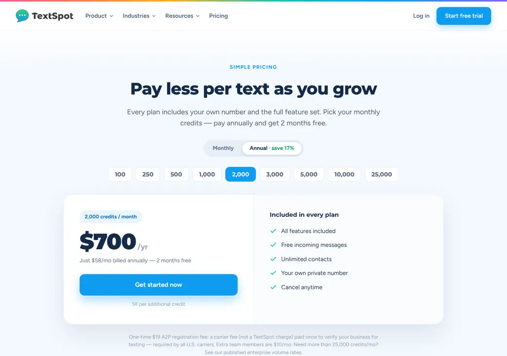 Screenshot of TextSpot's pricing page at textspot.io