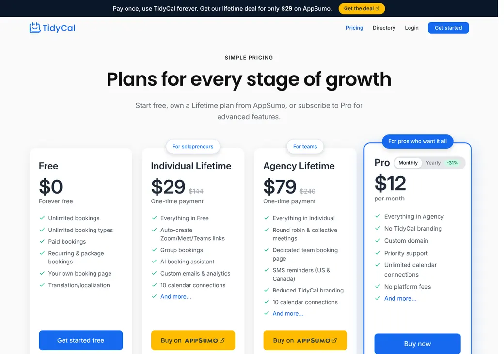 Screenshot of TidyCal's pricing page at tidycal.com