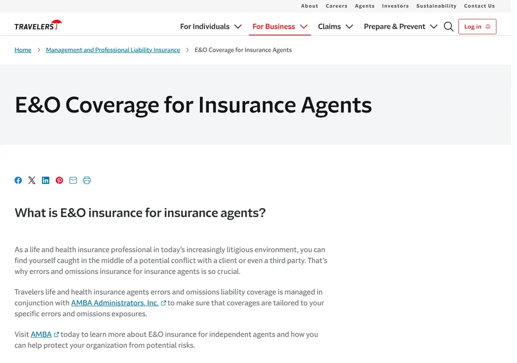 Screenshot of Travelers life and health agents E&O through AMBA's product page at travelers.com