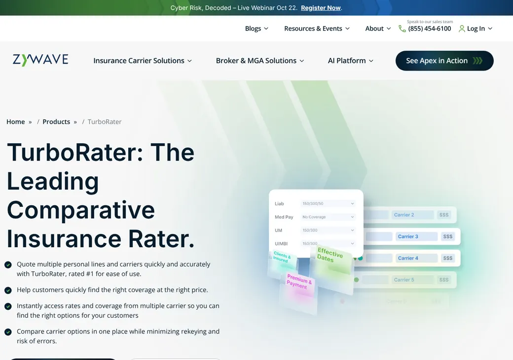 Screenshot of TurboRater's product page at zywave.com