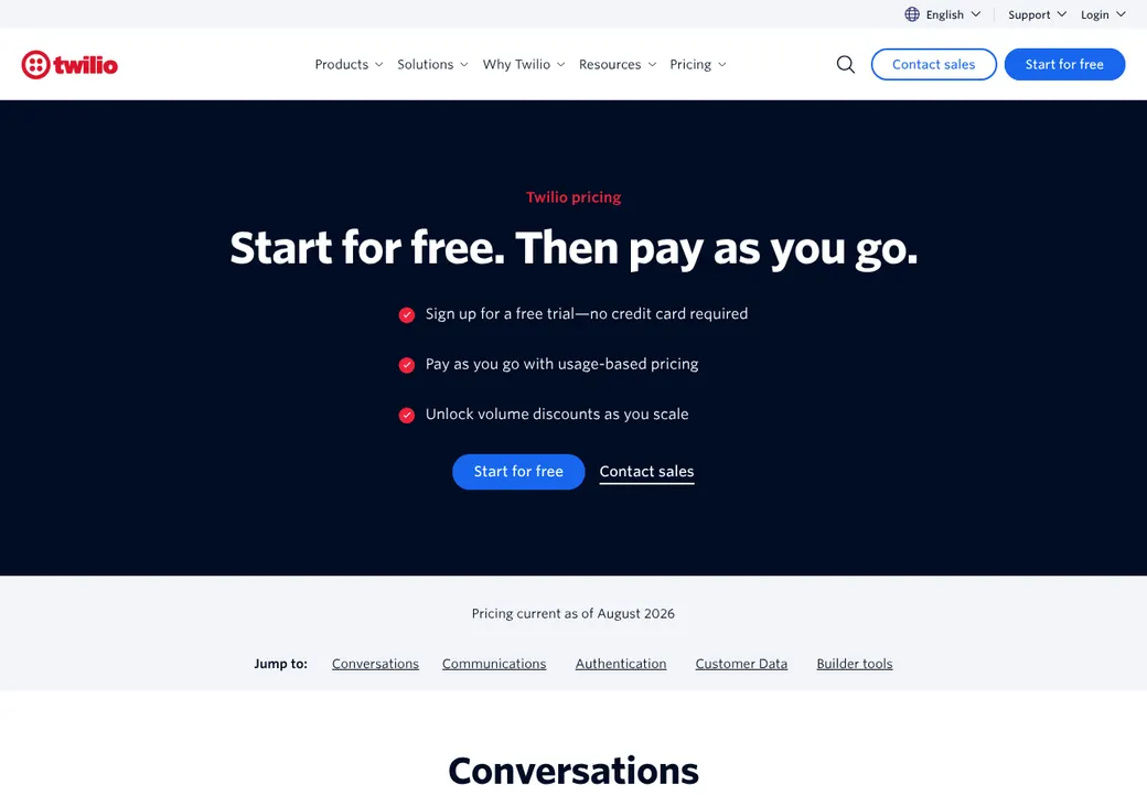 Screenshot of Twilio's pricing page at twilio.com