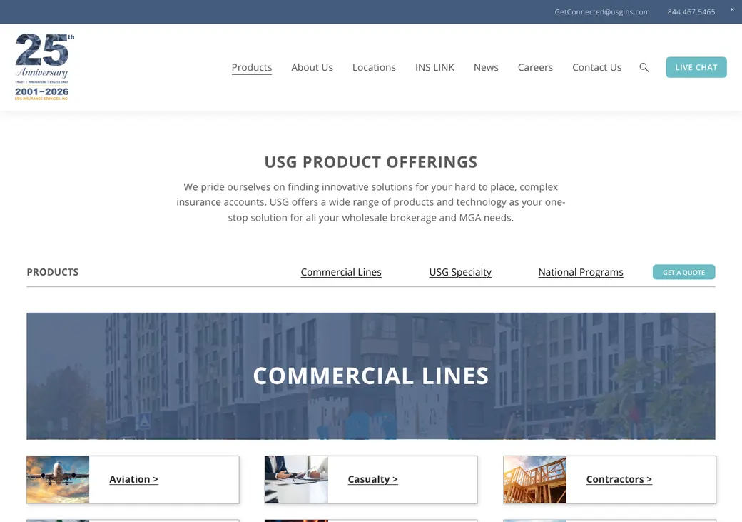 Screenshot of USG Insurance Services' product page at usgins.com