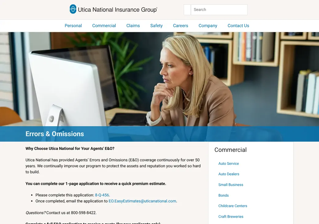 Screenshot of Utica National Agents E&O's product page at uticanational.com