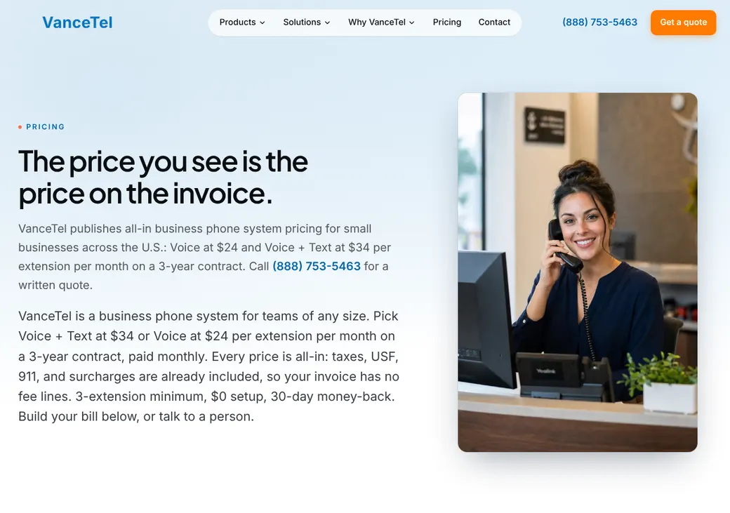 Screenshot of VanceTel's pricing page at vancetel.com
