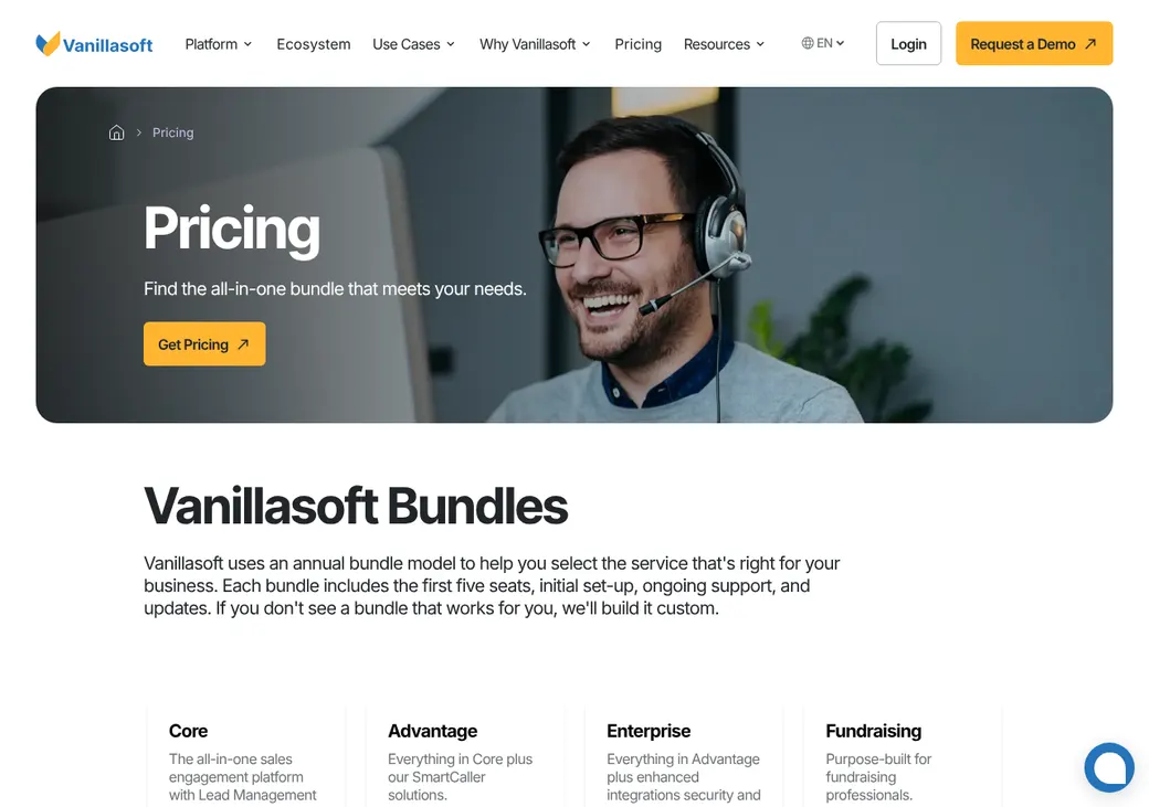 Screenshot of Vanillasoft's pricing page at vanillasoft.com