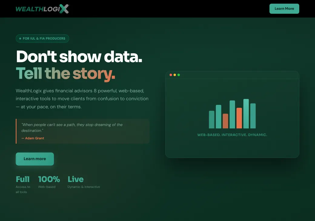 Screenshot of WealthLogix's home page at wealthlogix.net
