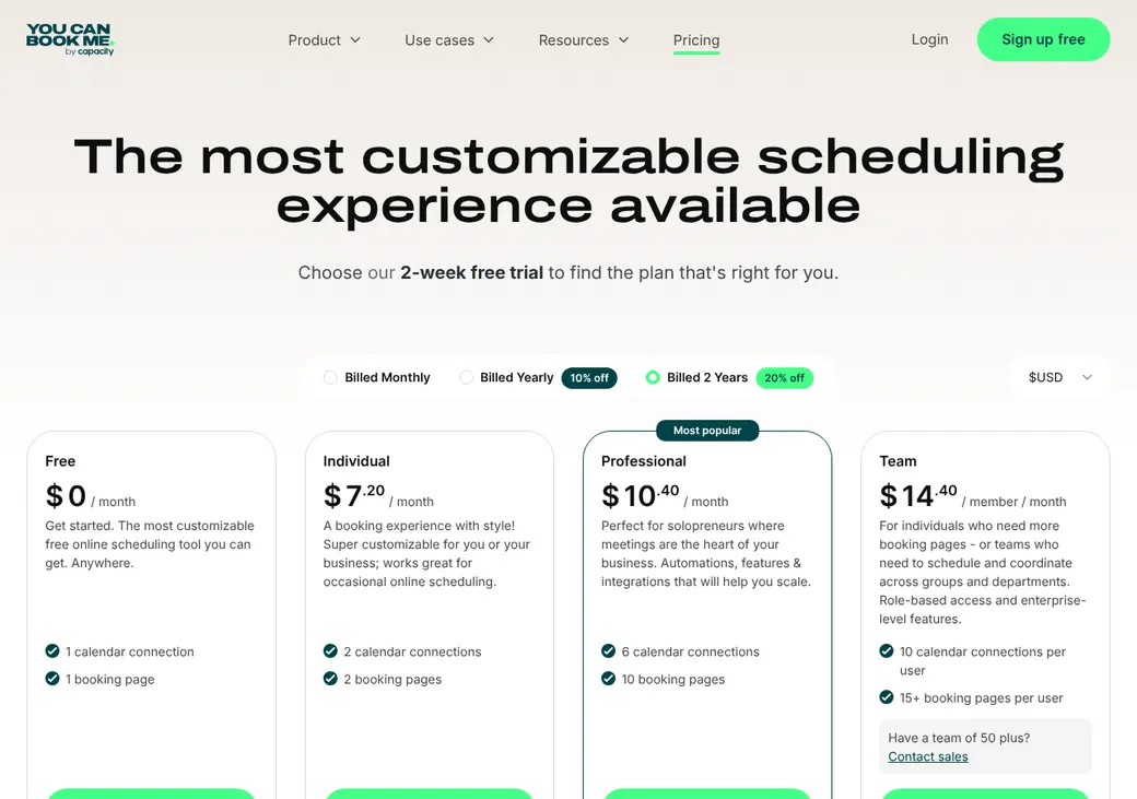 Screenshot of YouCanBookMe's pricing page at youcanbook.me