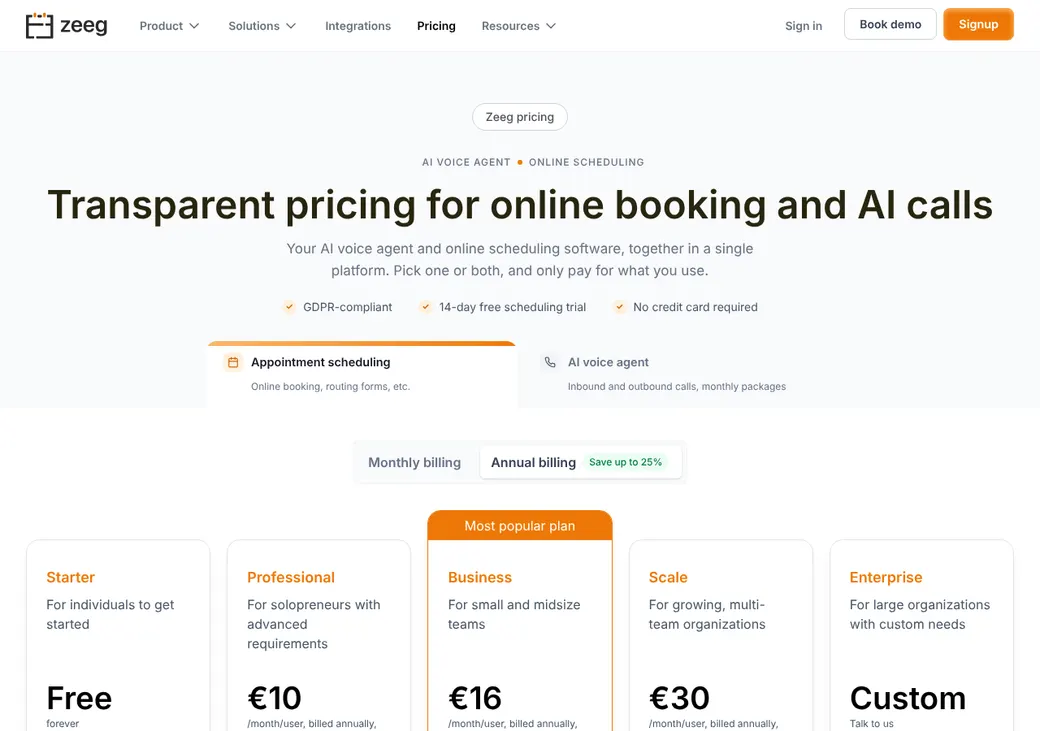 Screenshot of Zeeg's pricing page at zeeg.me