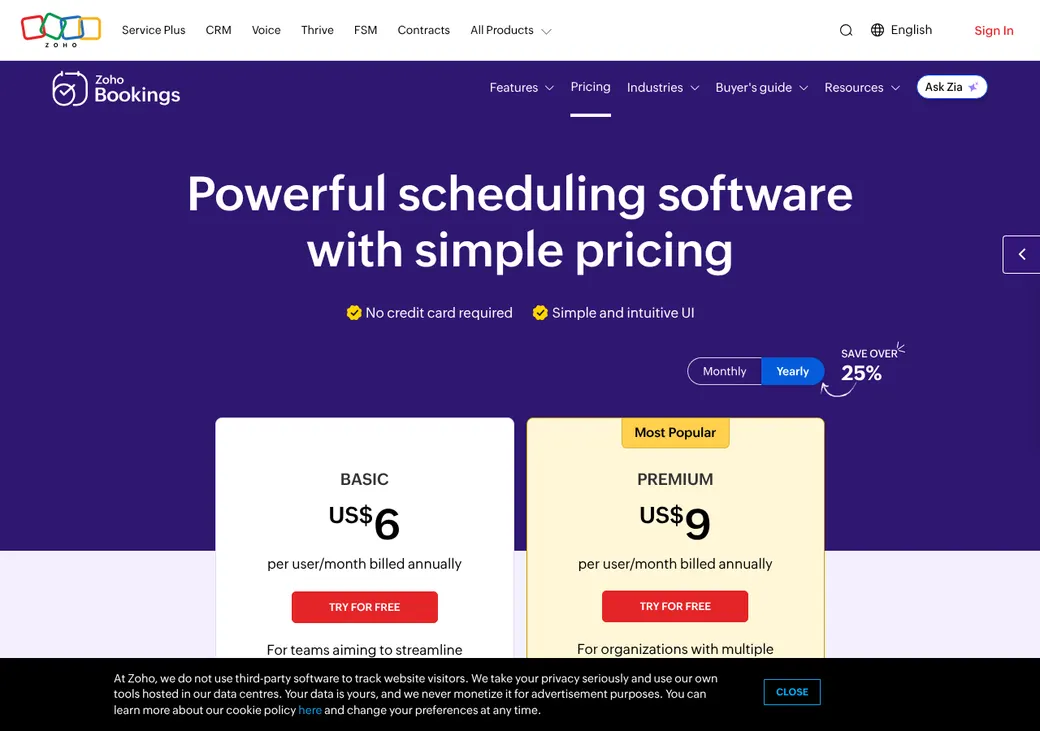 Screenshot of Zoho Bookings' pricing page at zoho.com