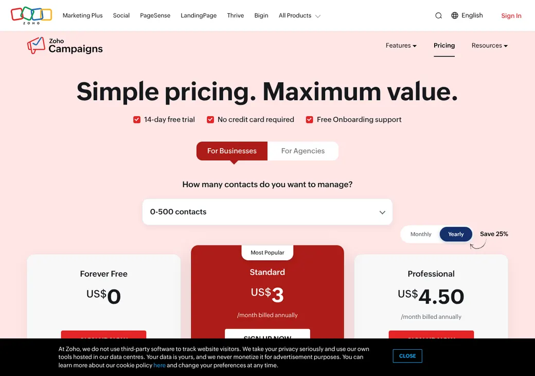 Screenshot of Zoho Campaigns' pricing page at zoho.com