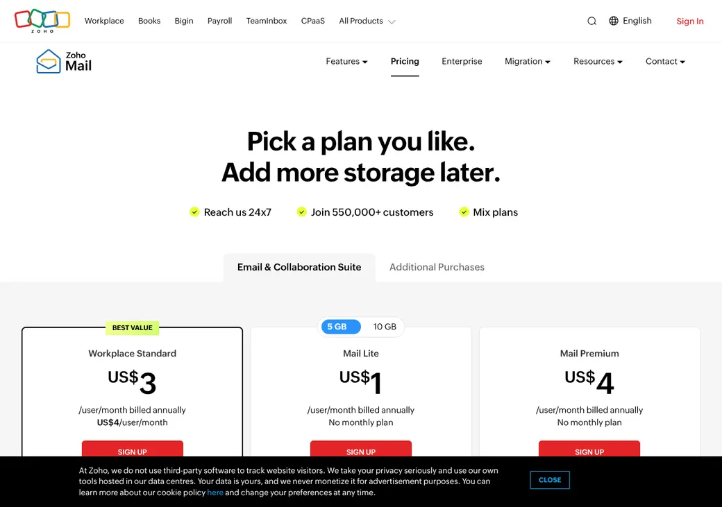Screenshot of Zoho Mail and Workplace's pricing page at zoho.com