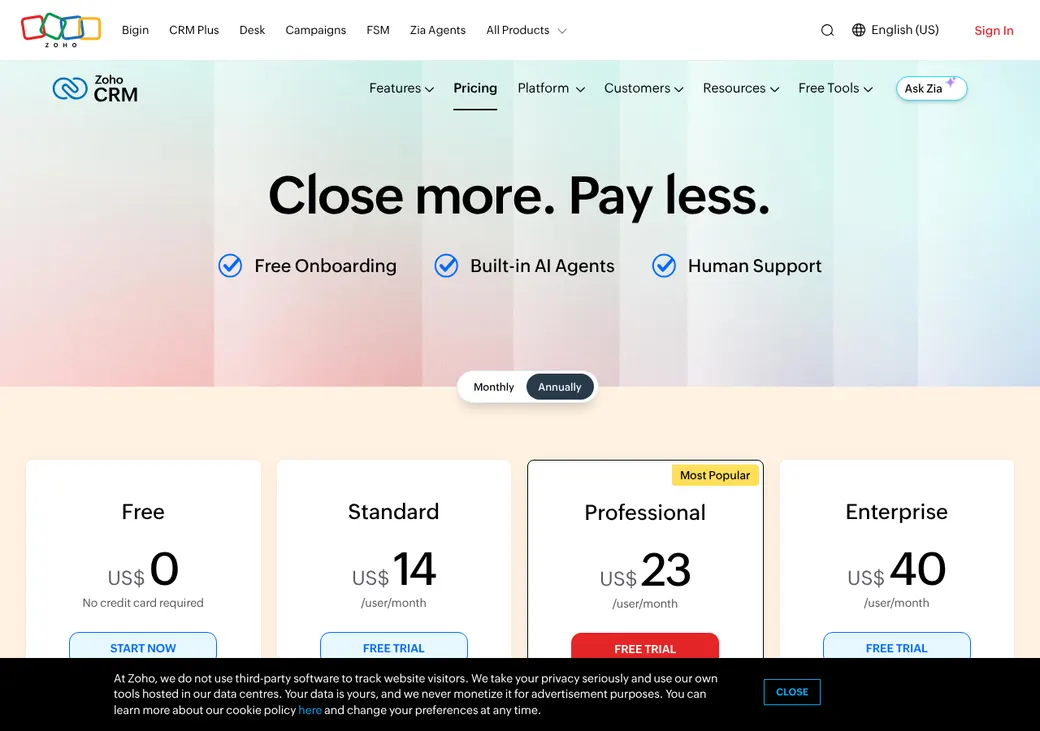 Screenshot of Zoho CRM's pricing page at zoho.com
