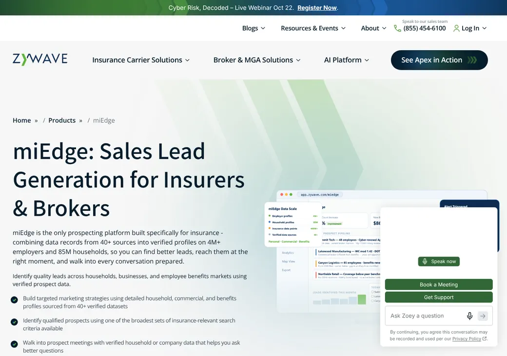 Screenshot of Zywave miEdge's home page at zywave.com
